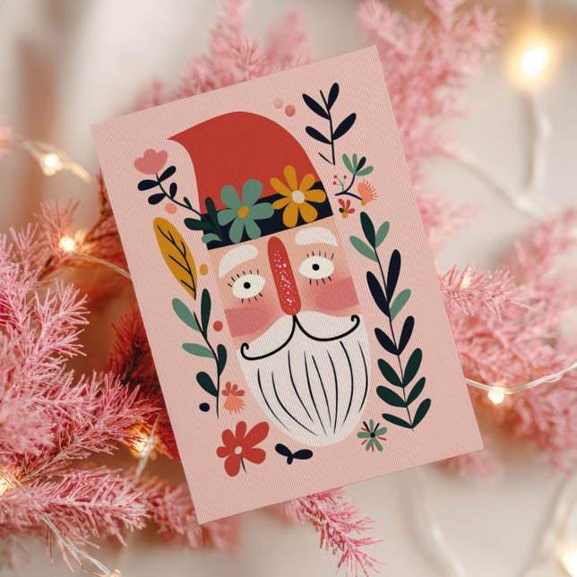 Cute Santa Claus Retro Floral Pink Merry Christmas Postcard (Creator Uploaded)
