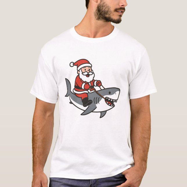 Cute Santa Claus Riding a Shark Funny Christmas T-Shirt (Front)
