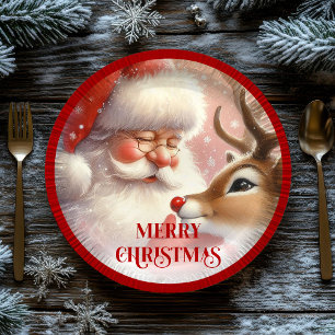 Cute Santa Claus Rudolph Holiday Paper Plates