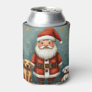 Cute Santa Claus with Dogs in Festive Can Cooler