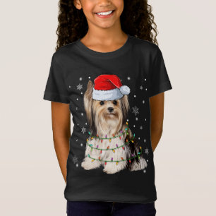 Cute Santa Claus Yorkie Dog Xmas Tree Lights Chris T-Shirt