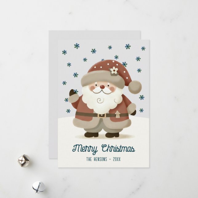 Cute Santa Clause Snowflakes Drawing Christmas Holiday Card (Front/Back In Situ)