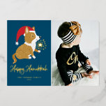 Cute Santa Corgi Photo Blue Happy Hanukkah<br><div class="desc">Happy Hanukkah! Send your festive greetings with this customisable gold foil Hanukkah photo flat card. It features an adorable corgi wearing a Santa hat. Personalise by adding a photo,  names,  year and other details. This cute corgi photo Hanukkah flat card is available in other foil colours.</div>