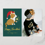 Cute Santa Corgi Photo Green Happy Hanukkah<br><div class="desc">Happy Hanukkah! Send your festive greetings with this customisable gold foil Hanukkah photo flat card. It features an adorable corgi wearing a Santa hat. Personalise by adding a photo,  names,  year and other details. This cute corgi photo Hanukkah flat card is available in other foil colours.</div>