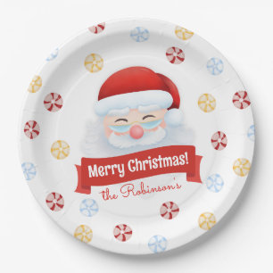 Cute Santa Custom Family Name Christmas Holiday Paper Plate