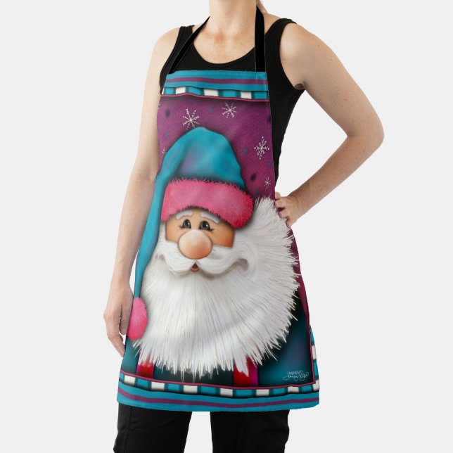 Cute Santa Customised Name Stripe Purple Blue Apron (Insitu)