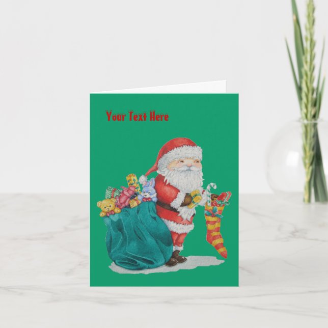 cute santa delivering toys and gifts for christmas holiday card (Front)