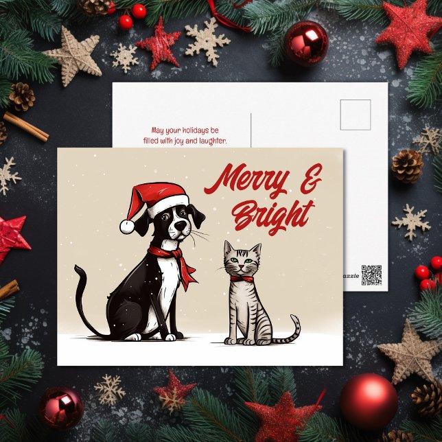 Cute Santa Dog and Cat Merry and Bright Christmas Holiday Postcard (Cute Santa Dog and Cat Merry and Bright Christmas Holiday Postcard)