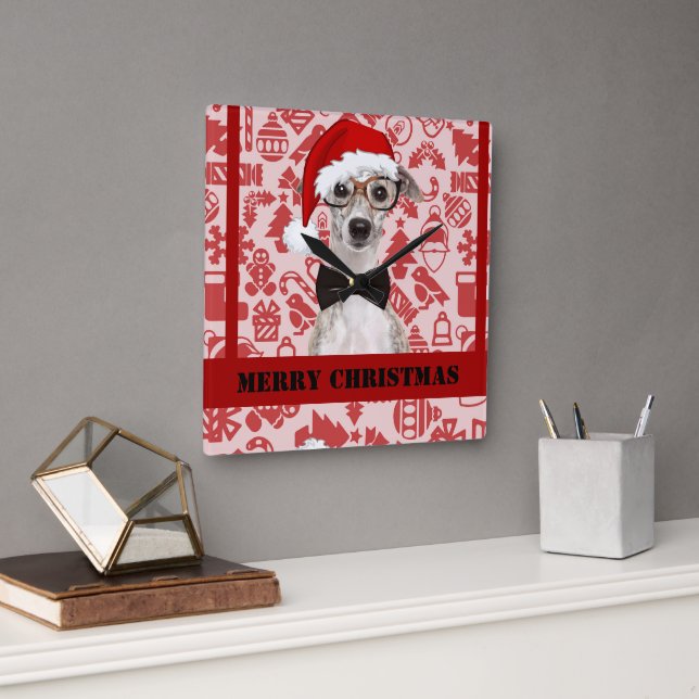 Cute Santa Dog Christmas Square Wall Clock (Office)