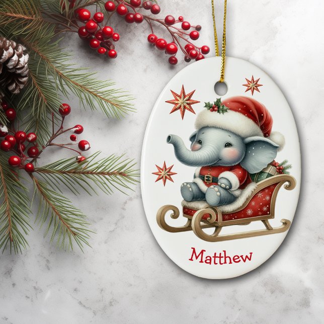 Cute Santa Elephant Sleigh Kids Christmas Ceramic Tree Decoration (Creator Uploaded)