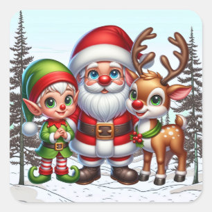 Cute Santa, Elf and Reindeer Christmas  Square Sticker