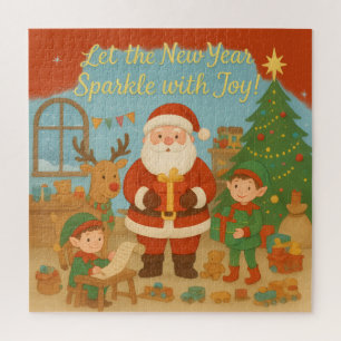 Cute Santa & Elves New Year Holiday Card Jigsaw Puzzle