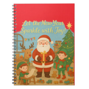 Cute Santa & Elves New Year Holiday Card Notebook