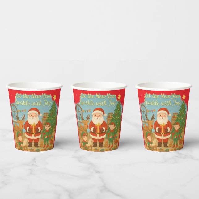 Cute Santa & Elves New Year Holiday Card Paper Cups (Multi)