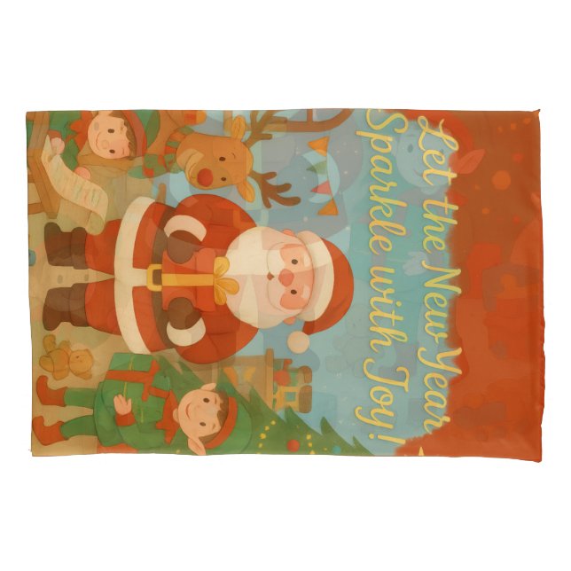 Cute Santa & Elves New Year Holiday Card Pillowcase (Front)