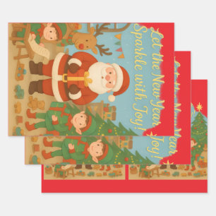 Cute Santa & Elves New Year Holiday Card Wrapping Paper Sheet