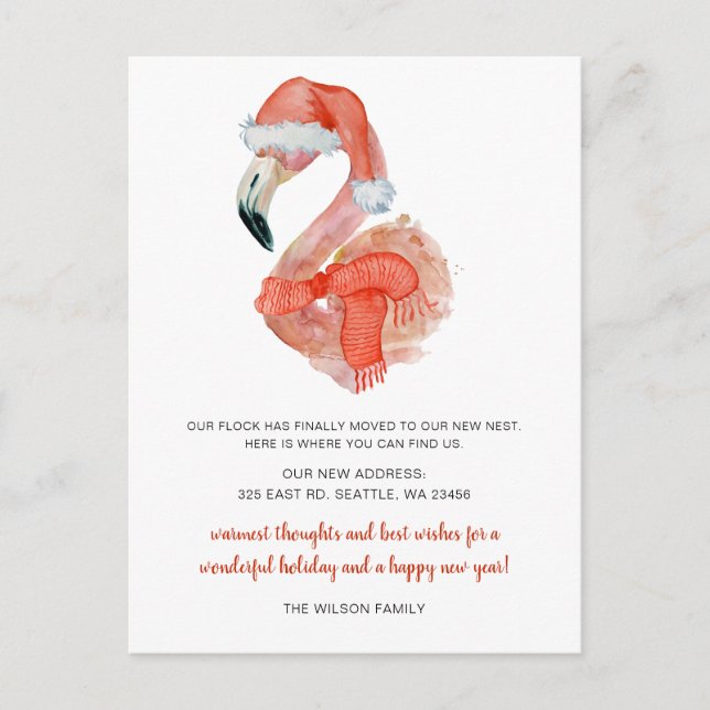 Cute Santa Flamingo We've Moved Holiday Moving Postcard (Front)