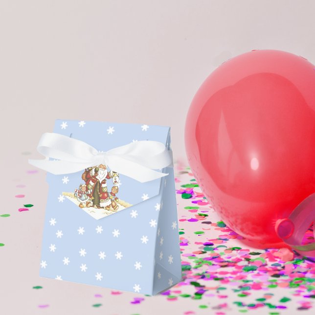 Cute Santa Folk Art Kids Christmas Snowflakes Favour Box (Santa Clause with little children white snowflakes on light blue Christmas favor box with bow.)