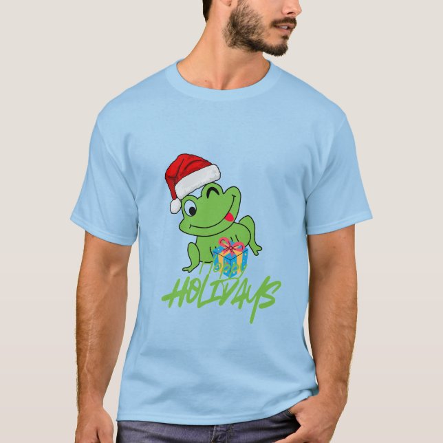 Cute Santa Frog | Funny “Hoppy Holidays” Christmas T-Shirt (Front)