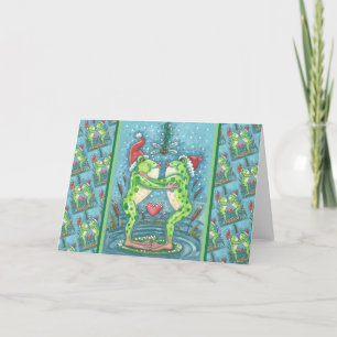 CUTE SANTA FROGS KISSING UNDER DRAGONFLY MISTLETOE HOLIDAY CARD