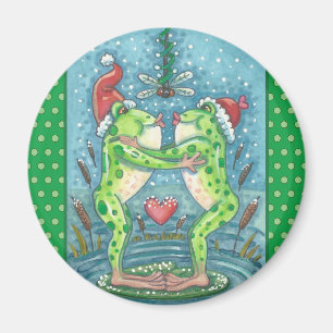 CUTE SANTA FROGS KISSING UNDER DRAGONFLY MISTLETOE MAGNET