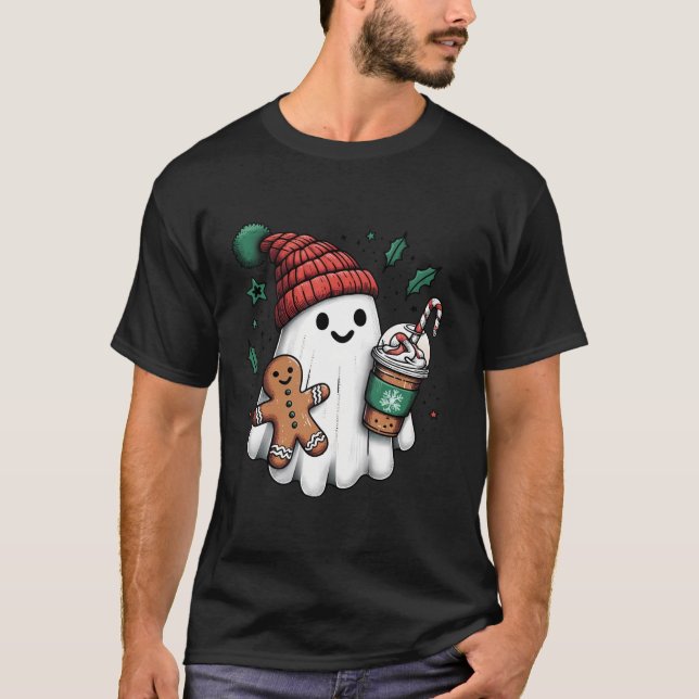 Cute Santa Ghost Drinking Coffee Ice Coffee Latte  T-Shirt (Front)