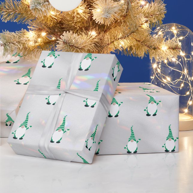 Cute Santa Gnome Green Pattern Sparkly White Cool Wrapping Paper (Holidays)