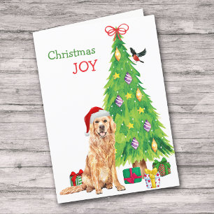 Cute Santa Golden Retriever and Christmas Tree Holiday Card