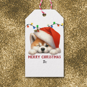 Cute Santa Hat Akita Dog Christmas Gift Tags
