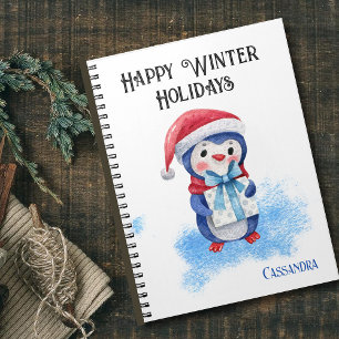 Cute Santa Hat Blue Penguin & Gift Winter Planner Notebook