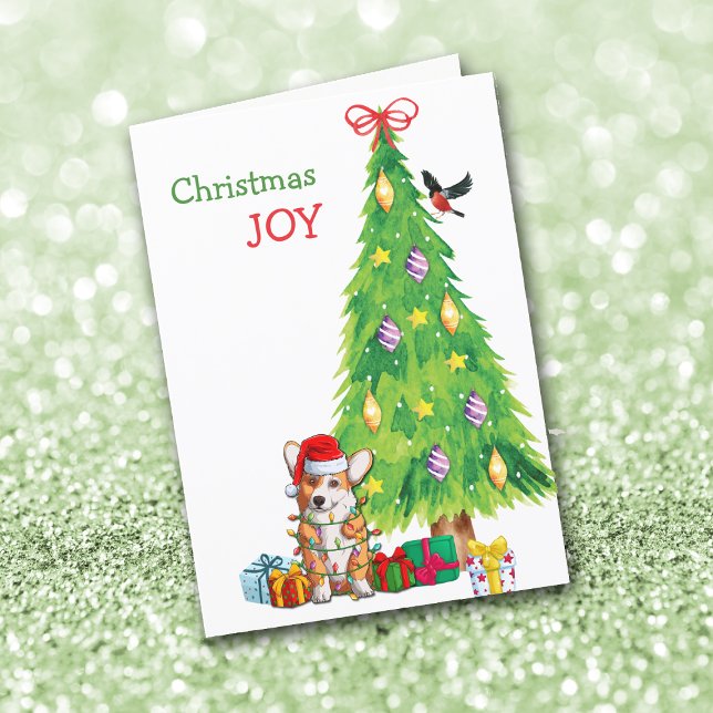 Cute Santa Hat Corgi Dog and Tree Christmas Holiday Card (Creator Uploaded)