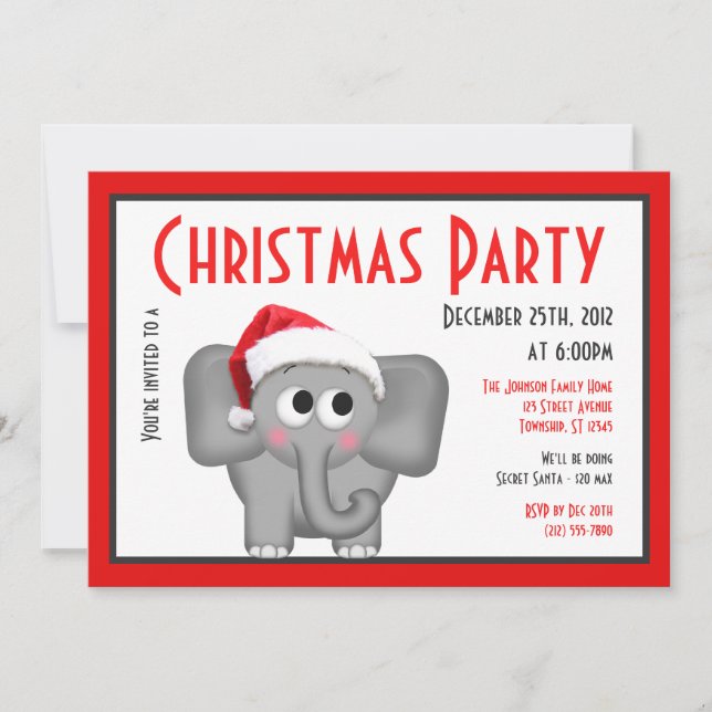 Cute Santa Hat Elephant - Christmas Invitations (Front)