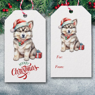 Cute Santa Hat Husky Puppy Christmas  Gift Tags