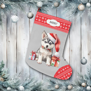 Cute Santa Hat Husky Puppy Snowflake Border Large Christmas Stocking