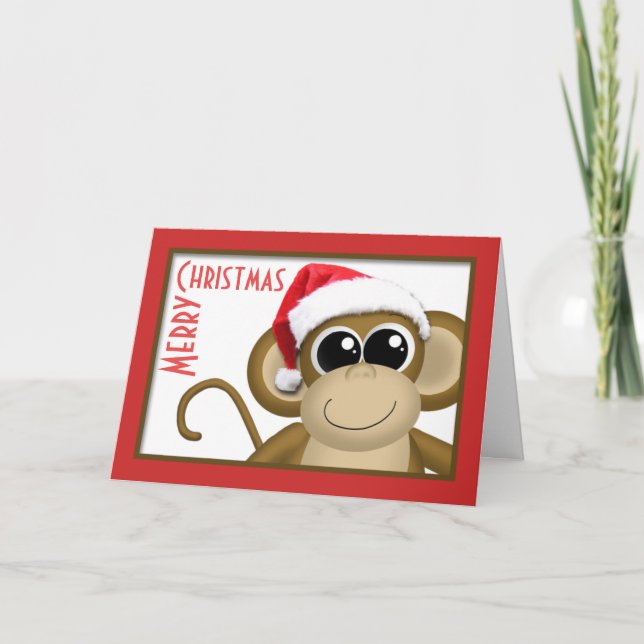 Cute Santa Hat Monkey "Merry Christmas" Card (Front)