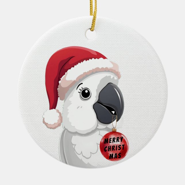 Cute Santa Hat Parrot  Red & White Christmas Ceramic Tree Decoration (Front)