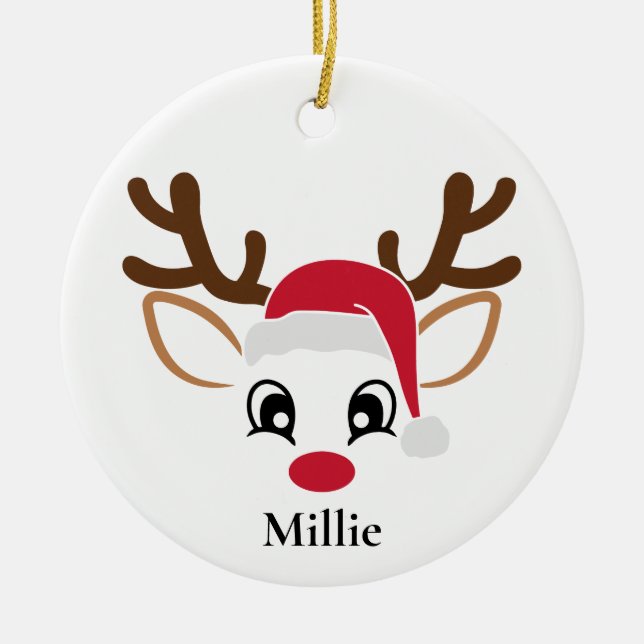Cute Santa Hat Reindeer Christmas Ceramic Tree Decoration (Front)