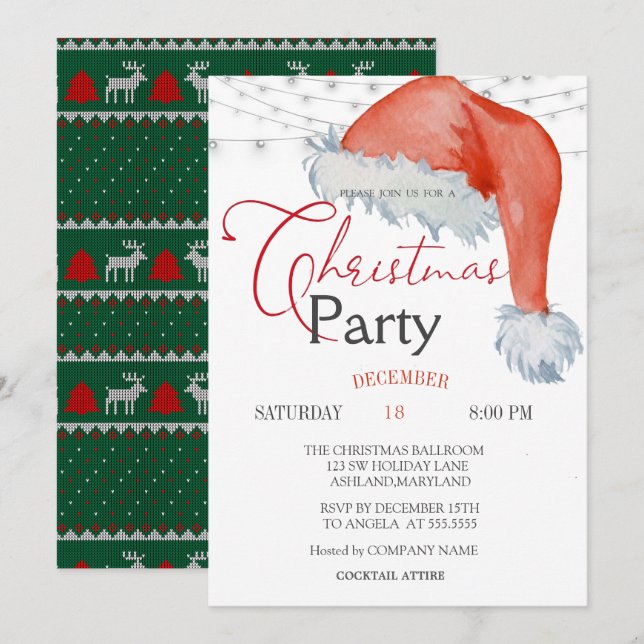 Cute Santa Hat String Lights Christmas Company Invitation (Front/Back)