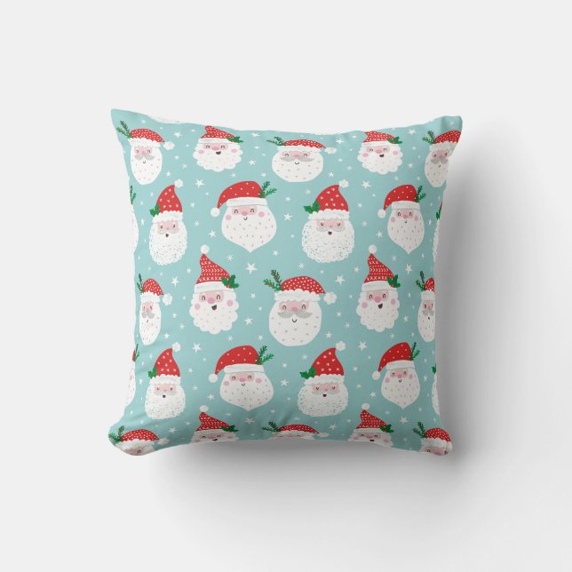 Cute Santa heads on mint Cushion (Front)