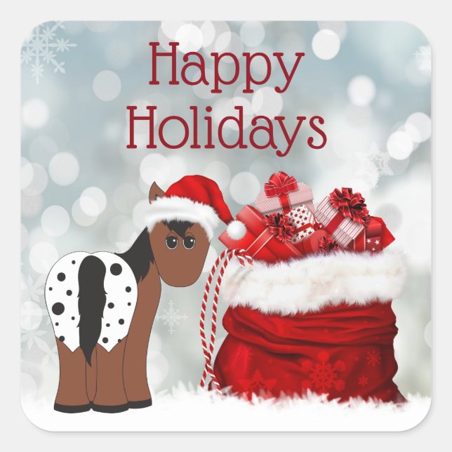 Cute Santa Horse n Gifts Happy Holidays Christmas Square Sticker (Front)