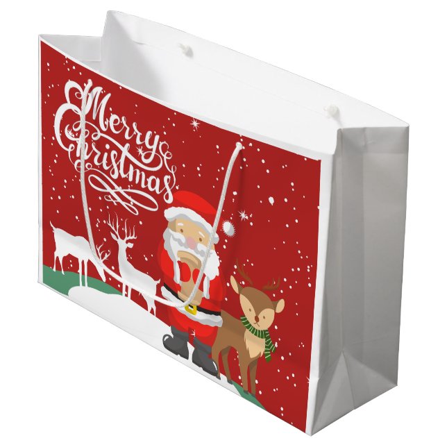 Cute Santa in the snow with reindeers Script red   Large Gift Bag (Front Angled)