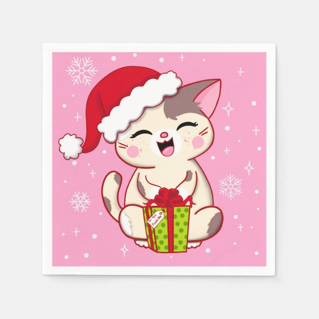 Cute Santa Kitty Pink Christmas Party Napkins  (Front)