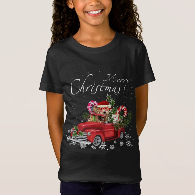 Cute Santa Labradoodle Riding Red Truck Merry Chri T-Shirt (Front)