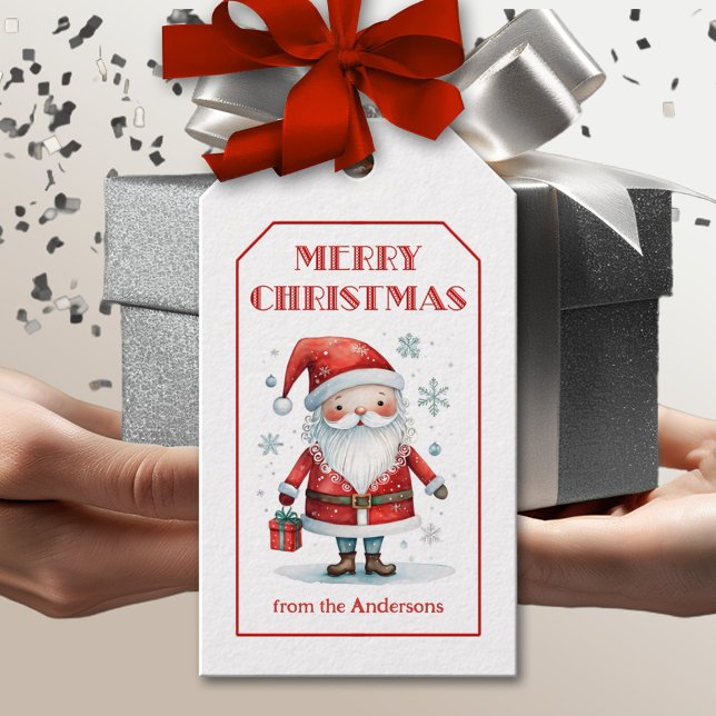 Cute Santa Merry Christmas Gift Tags (Cute Merry Christmas gift tag featuring an illustration of Santa with snow flakes and festive gift.)