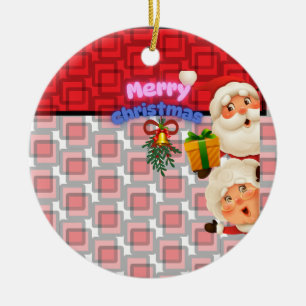 Cute Santa & Mrs. Claus Merry Christmas Greeting Ceramic Tree Decoration
