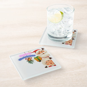 Cute Santa & Mrs. Claus Merry Christmas Greeting  Glass Coaster
