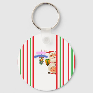Cute Santa & Mrs. Claus Merry Christmas Greeting Key Ring
