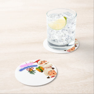 Cute Santa & Mrs. Claus Merry Christmas Greeting Round Paper Coaster
