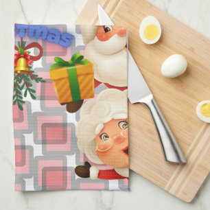 Cute Santa & Mrs. Claus Merry Christmas Greeting Tea Towel
