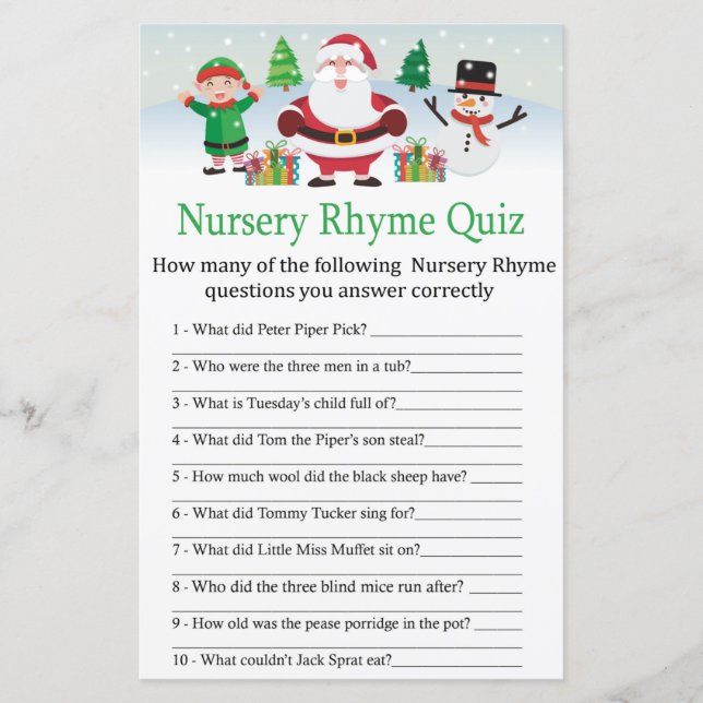 Cute Santa Nursery Rhyme Quiz baby shower game (Front)